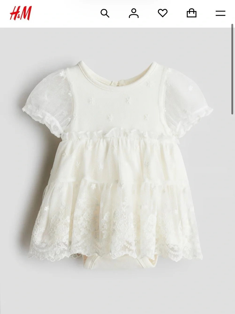 H&M Ivory Lace Embroidered Bodysuit Baby Dress - Organic Cotton